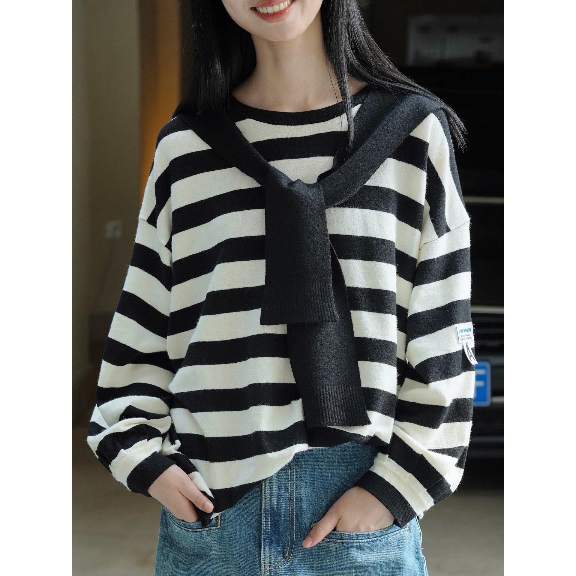 

Women's Casual Crewneck Oversized Striped Knit Sweater With Shawl 82*39cm for Fall