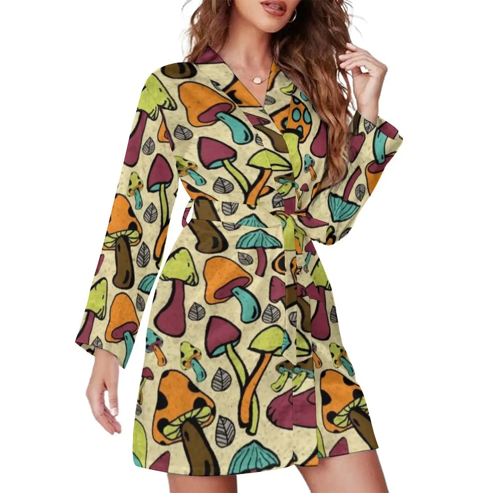 

Mushroom Pajama Robe Food Long Sleeves Fashion Printed Dress Simple Women New Year Sleepwear