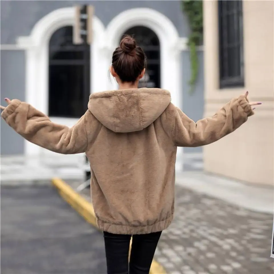 Winter Coat for Women Faux Fur Coats Jackets Faux Rabbit Fur Hooded Sweatshirt Jacket Cotton Lined Coat Warm Korean Fashion New