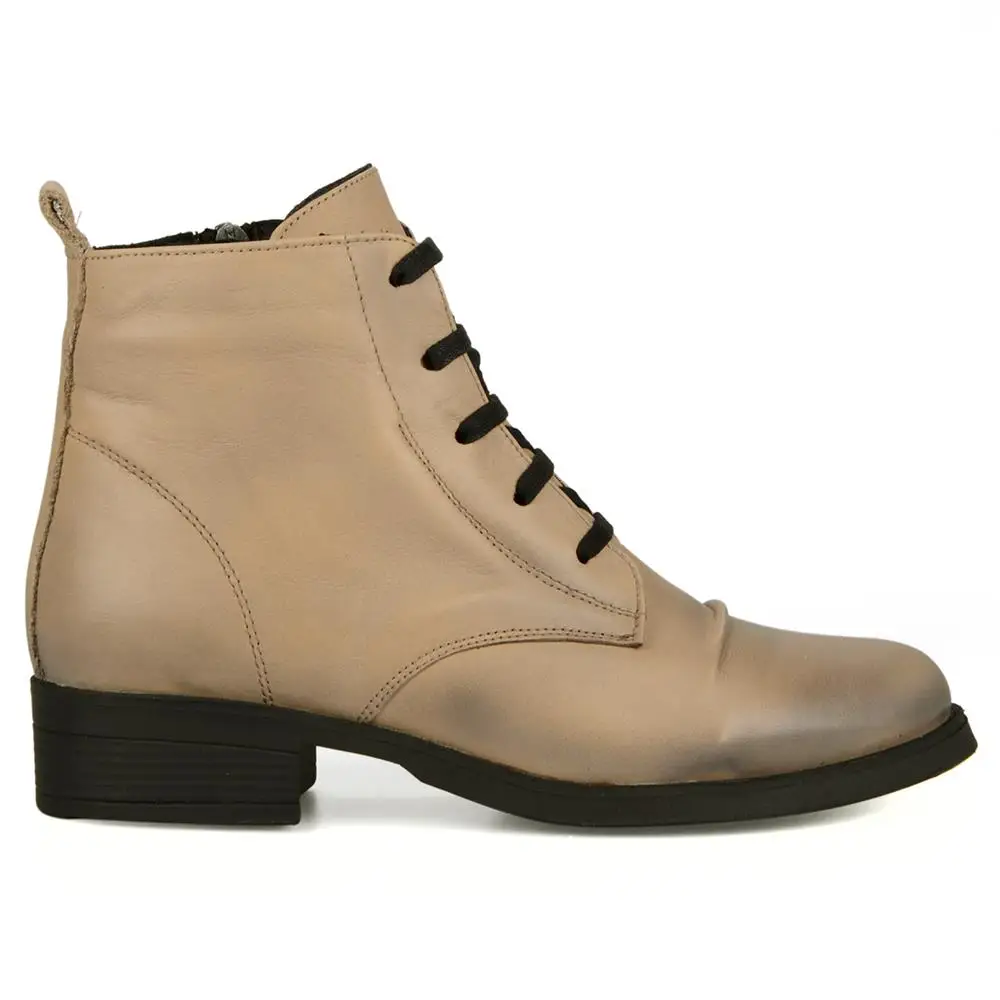 

FootCourt- Beige Ankle Boots Women Lace Up Genuine Leather Winter Fashion Zipper Boots Square Heels Vintage Women Martins Boots