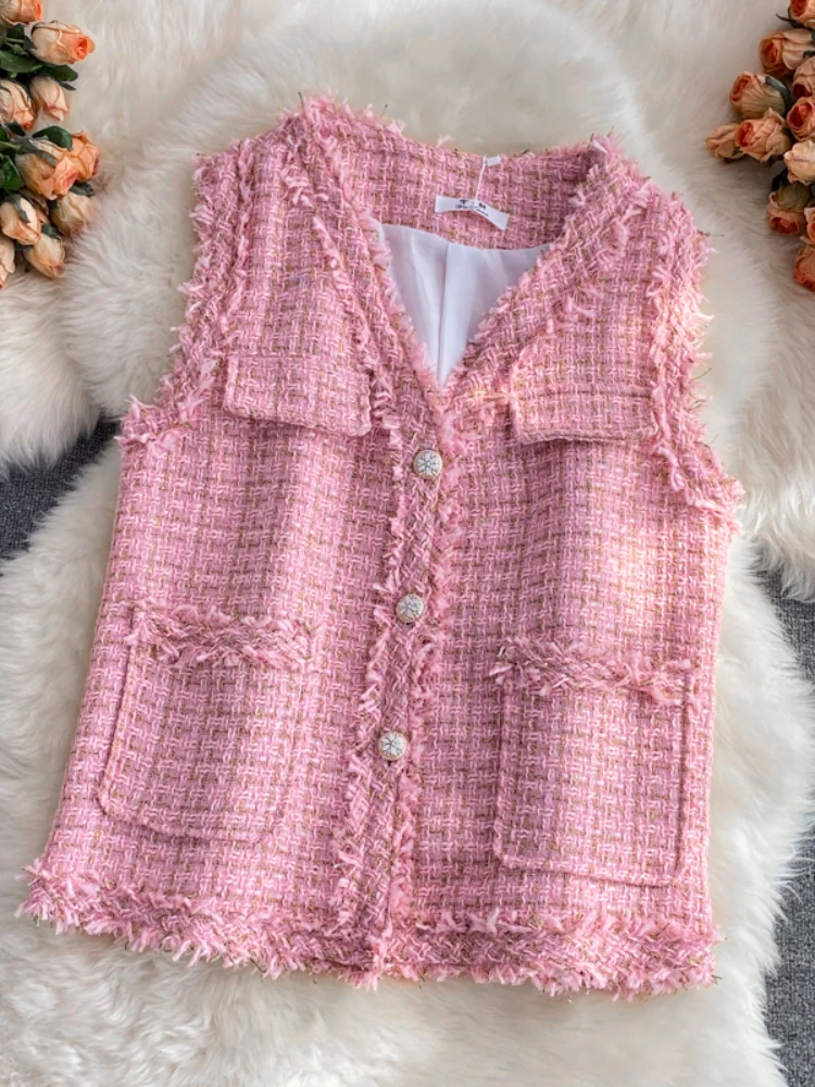 

V-neck Single Breasted Tweed Vest Coat for Women Spring and Summer New Elegant Burr Waistcoat Vest Ladies Fashion Trend Jacket