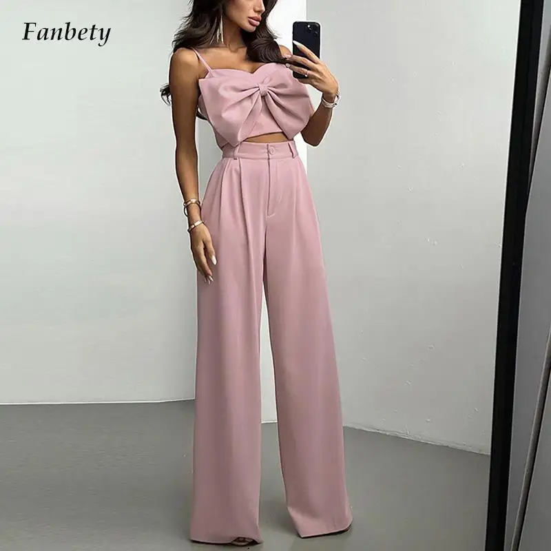 

Women Casual Loose Two Piece Outfits Sexy Bowknot Crop Top and Wide Leg Pant Suits Summer Elegant Hight Waist Solid Office Sets