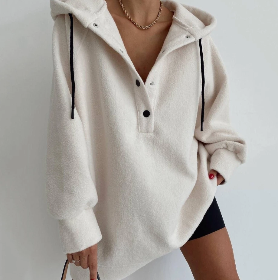 

Women's Sweater 2023 Autumn and Winter New Fashion Solid Color Long Sleeve Loose Casual Hooded Polar Fleece Sweater Top