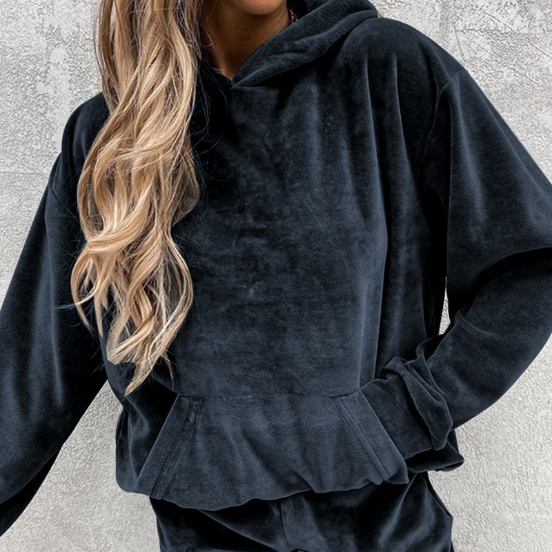 Winter Velvet Two Piece Set Women Fashion Solid Long Sleeve Hoodie Sweatshirt And Pants Tracksuit Ladies Elegant Slim Suits Fall