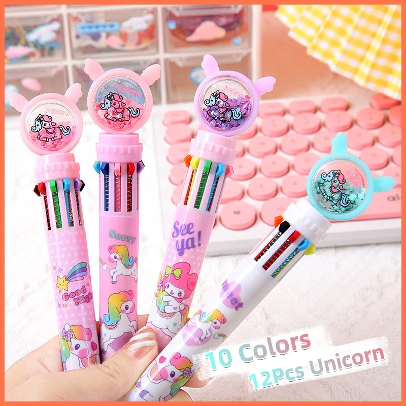 

12Pcs/Lot Kawaii Unicorn Sequin 10 Colors Ballpoint Pen Cute Pony Retractable Multicolor Writing Pens Office School Supplies