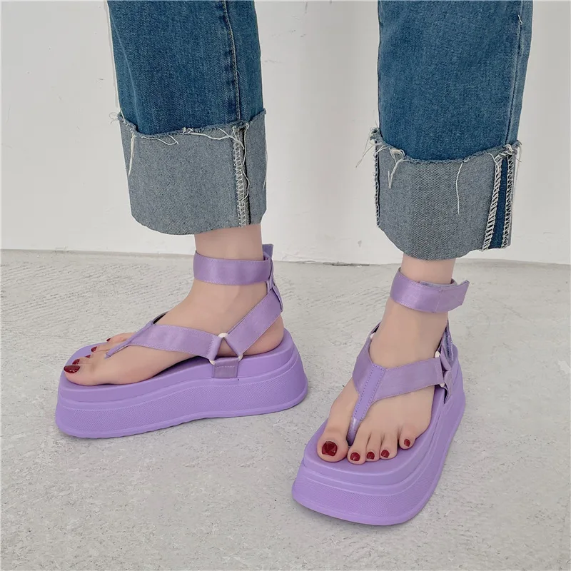 

Clip Toe Chunky Platform Sandals Woman Summer 2022 Thick Bottom Wedges Shoes for Women Purple Ankle Strap Gladiator Sandalias