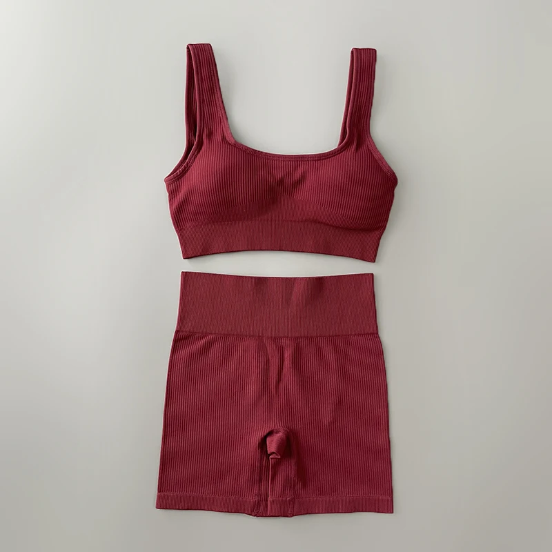 Seamless Ribbed Yoga Set for Women Clothing Sportswear High Waist Leggings Gym Suit Workout Running Crop Top Female Tracksuit