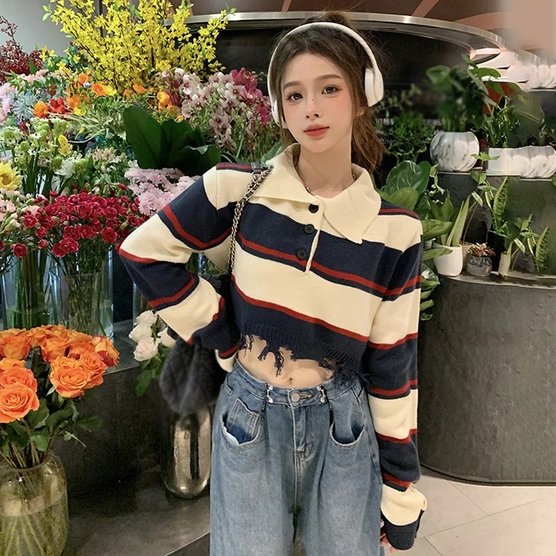 

Striped Tassel Crop Jumpers Vintage Autumn Pullovers Women Turn Down Collar Contrast Color Casual Loose Knitted Sweaters
