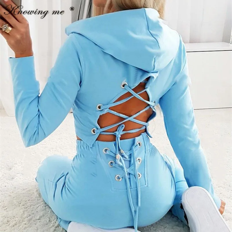

Lady Sexy Back Cross bandage tracksuit set women Spring Long sleeve Crop top hooded +Lace up long pants 2pcs set Female set
