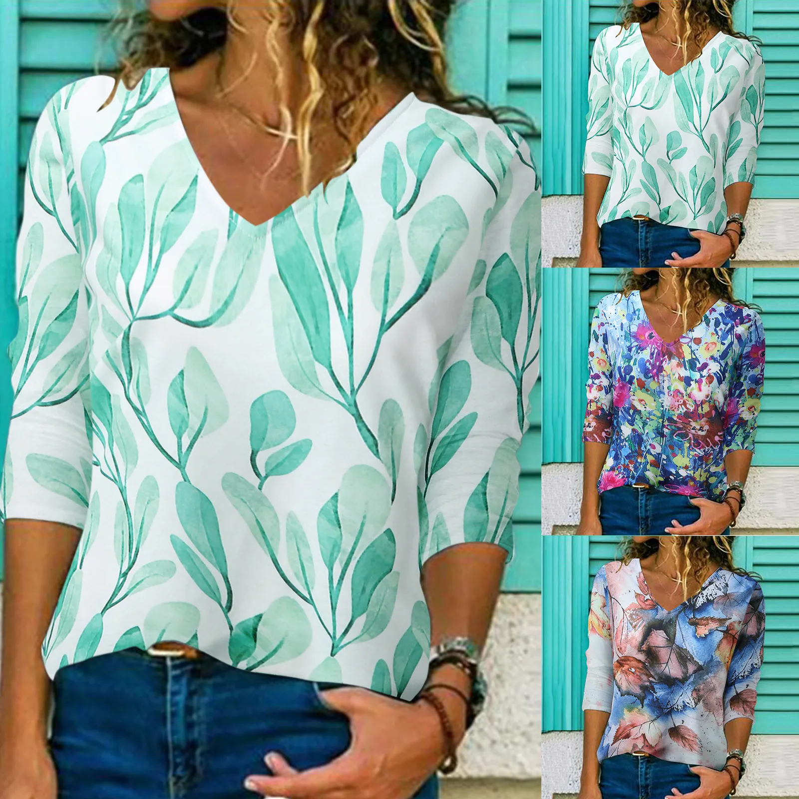 

Women Casual Top Square Neck Short Sleeve Button Slit Print T Shirt