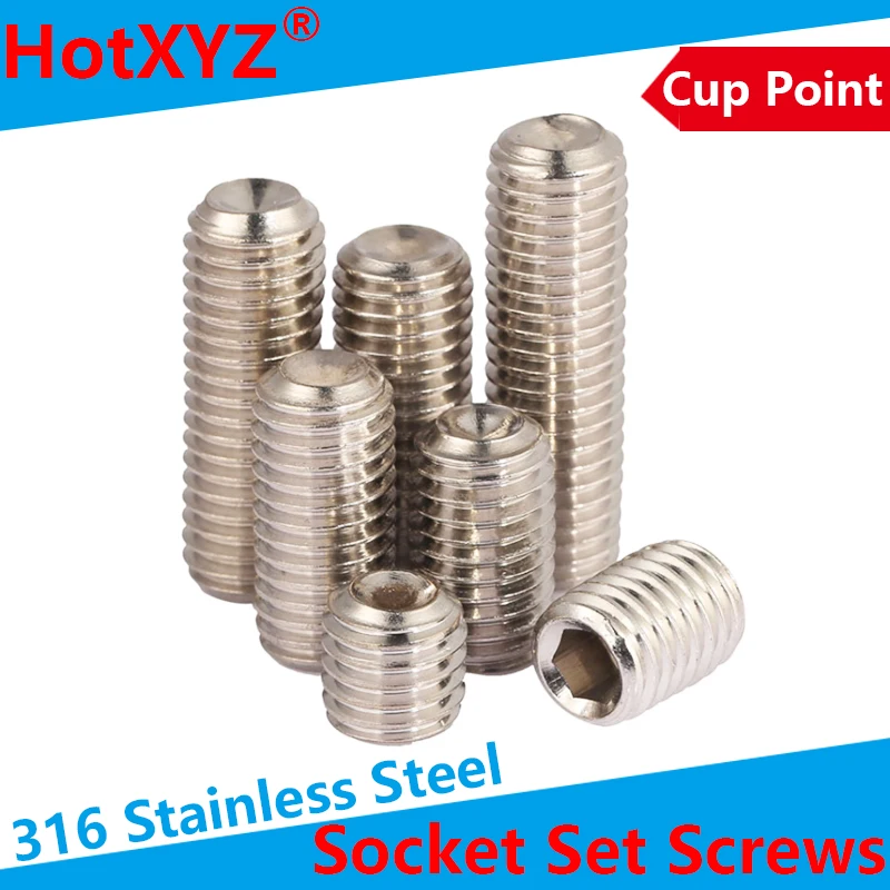 

HotXYZ 316 Stainless Steel Internal Hex Socket Drive Cup Point Set Screws DIN916 Allen Concave End Grub Bolts M3-M10