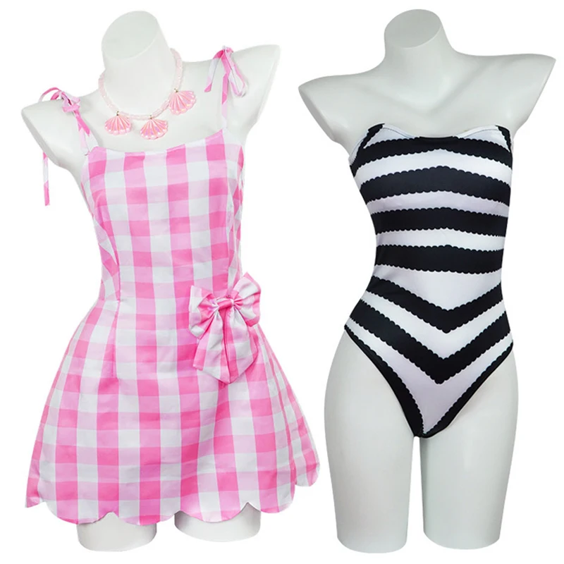 

Movie Margot Robbie Cosplay Swimsuit Adult Women Bikini Black Striped Jumpsuit Pink Dress Swimwear Halloween Party Outfit