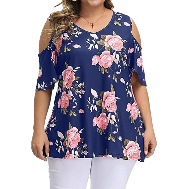 Womens Plus Size Tops 2022 Summer Sexy Off Shoulder Top Casual Short Sleeve Floral T Shirt Women Large Size 3XL 4XL 5XL Top