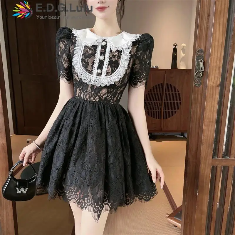 

EDGLuLu 2022 Summer Court Retro Style Turn-down Collar Puff Sleeves White Dress Women Elegant Lace Embroidery Mini Dress 0628