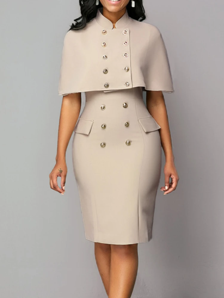 

Cloak 2 Pieces Set Women Outfits Office Ladies Buttons Midi Robes Work Wear Sets 2023 Bodycon Short Sleeve Event 5XL Clothes