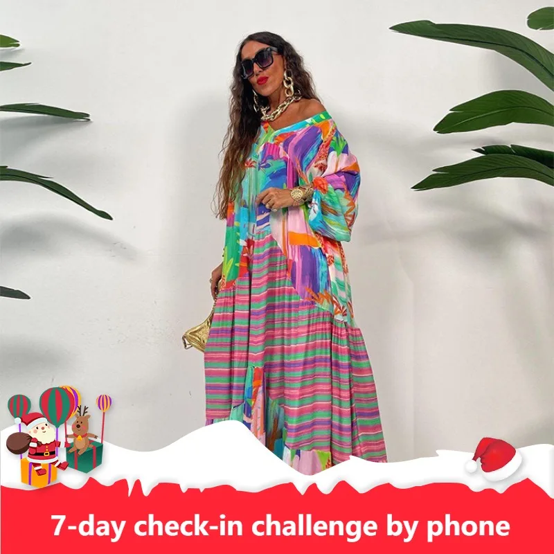

Spring Summer African Women Long Sleeve V-neck Printing Long Dress Maxi Dress Dashiki African Dresses for Women XS-3XL