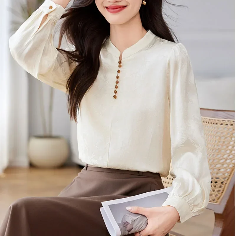 Новая женская блузка с воротником-стойкой однотонная длинным рукавом рубашка