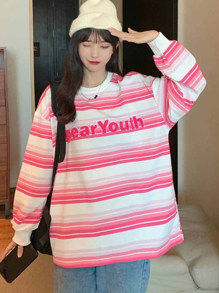 

Свитшот в полоску с надписью и вышивкой «полотенца» в стиле Харадзюку, женские толстовки большого размера с длинным рукавом, уличная одежда...