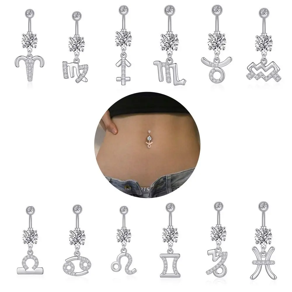 

One Piece Zodiac Zircon Piercing Navel Ring Stud Earrings Belly Piercing Navel Stick Women Sexy Fashion Body Piercing Jewelry
