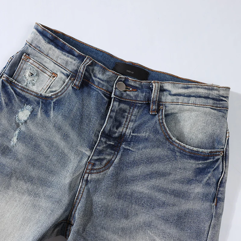 High Street Fashion Men Jeans Retro Light Blue Stretch Skinny Ripped Jeans Men Orange-Red Patched Designer Hip Hop Brand Pants