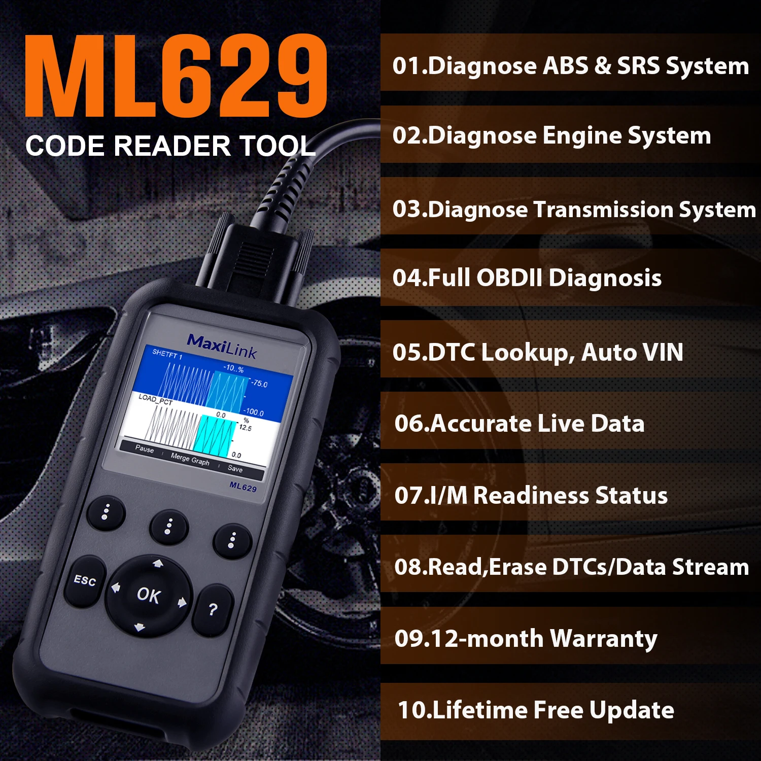Autel MaxiLink ML629 OBD2 Scanner ABS SRS Engine Transmission Diagnoses OBD II Full Functions PK ML619 for DIYers Professionals |