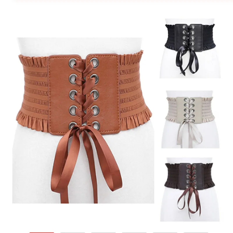 

New Women Ladies Fashion Stretch Belt Tassels Elastic Buckle Wide Dress Corset Waistband PU Leather Tie Bowknot Belt