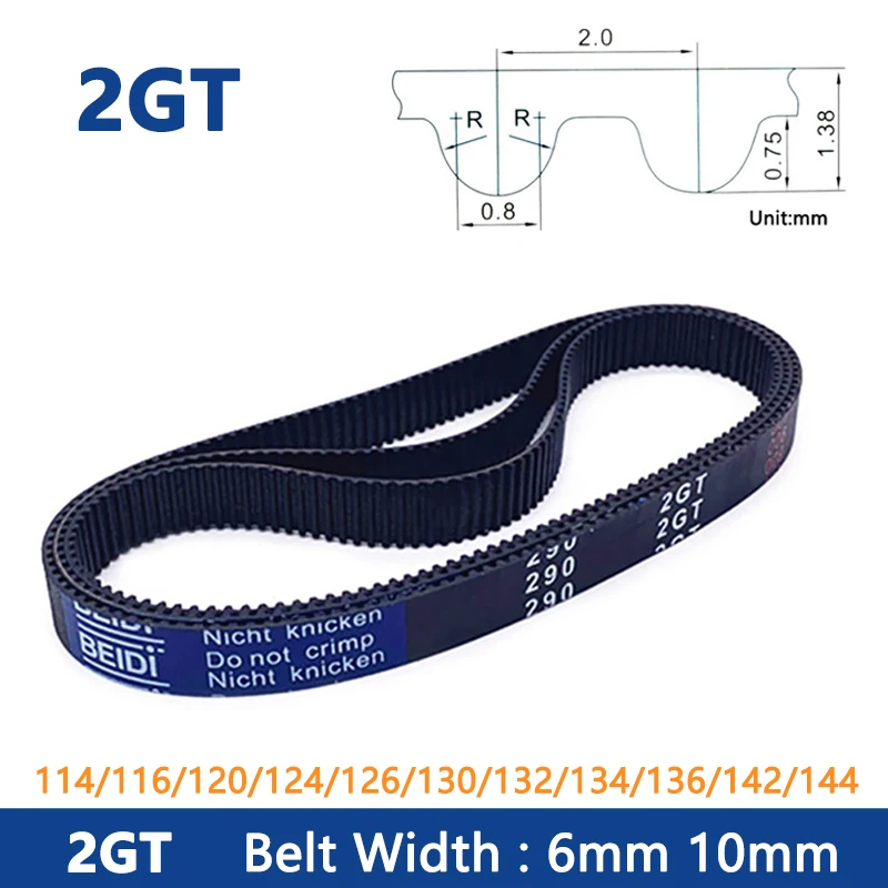 

1PCS 2GT GT2 Timing Belt 114/116/120/124/126/130/132/134/136/142/144 Width 6/10mm Rubber Closed Loop Synchronous Belt Pitch 2mm