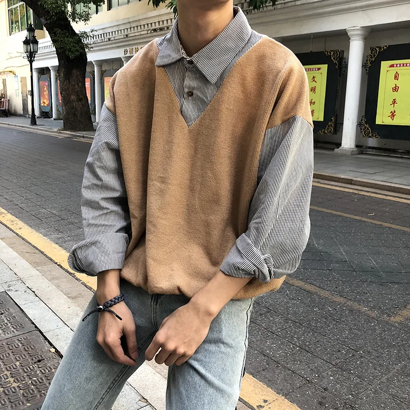 

Men's Top 2022 Fake Two-piece Sweater Men's Autumn and Winter Thin Shirt Collar Bf Top Knitted Sweater Trend