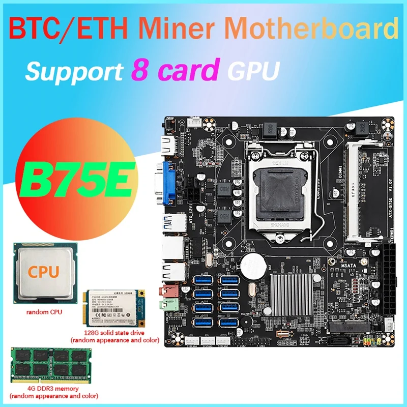 

B75E 8 Card BTC Mining Motherboard+Random CPU+4G DDR3 RAM+128G SSD 8X USB3.0 B75 Chip LGA1155 DDR3 RAM MSATA ETH Miner