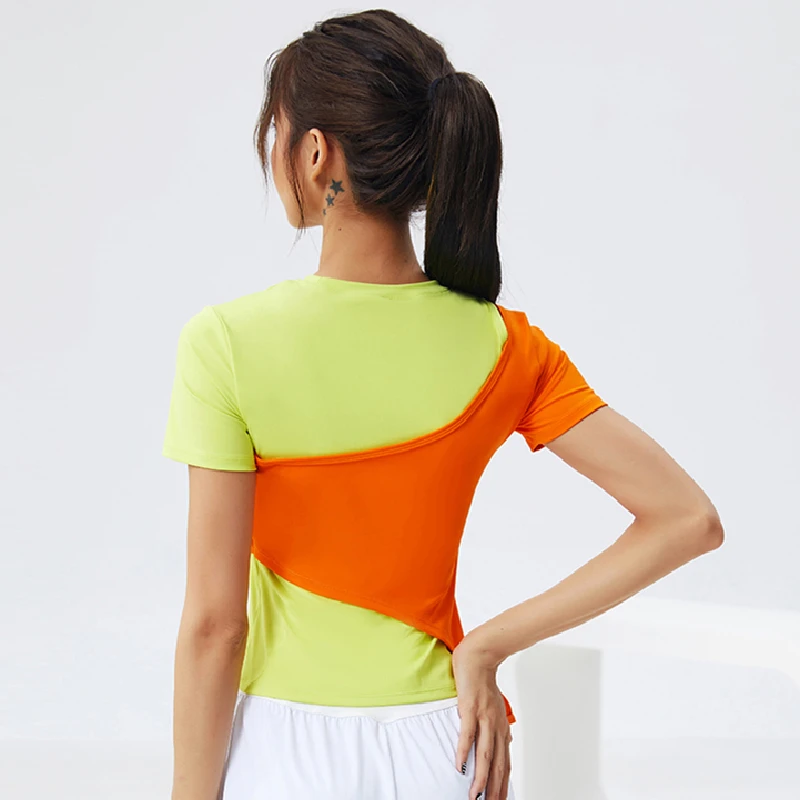 Women Running T Shirts Contrast color 2 in 1 Short Sleeves Quick Dry Sport Shirt Gym Fitness Training Tees Yoga Jogging Tops