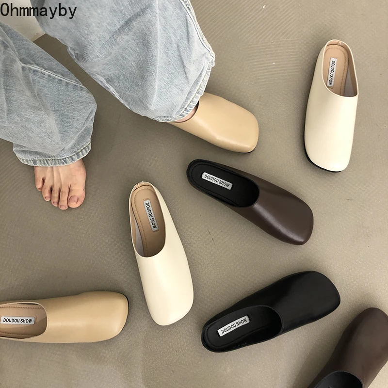 2023 New Women Mules Slipper High Quality Soft Leather Round Toe Slipper Slip On Outdoor Sandal Causal Flat Heel Slides