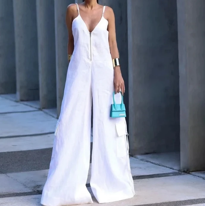 Женский комбинезон модный элегантный однотонный Свободный на молнии с V-образным