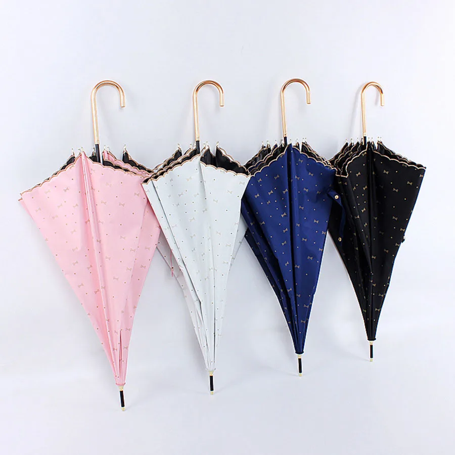 

Women Umbrellas Bowknot Silk Screen Embroidery Lace Embroidery Straight Rod Black Glue Full Sunscreen Women Sunny Umbrellas
