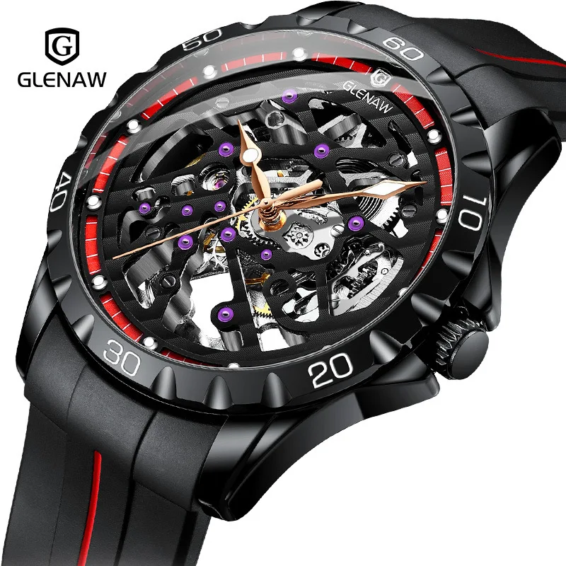 

5pc Custom Logo Mechanical Men Watch-Bulk Tourbillon Automatic Watch Waterproof Rubber Strap Glass Hollowed Luminous Wristwatch