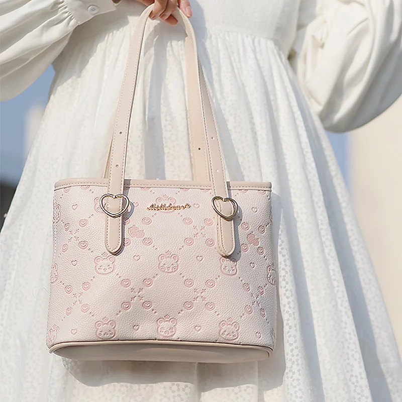 

Милая женская сумка, современная кожаная однотонная сумка через плечо с принтом медведя, модная повседневная сумка-тоут большой вместимости