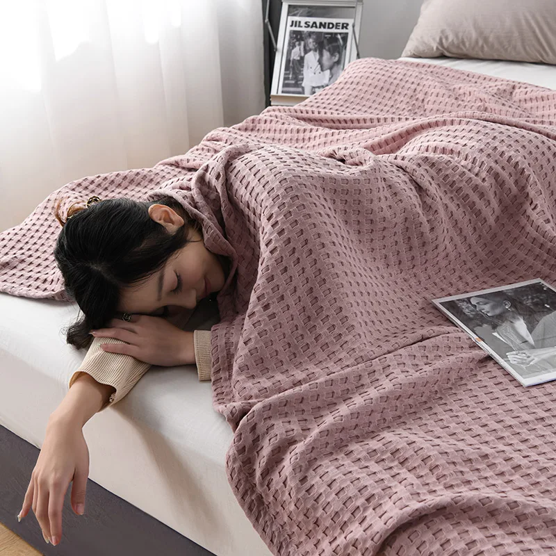 

Летнее вязаное одеяло для кровати, вафельное клетчатое хлопковое тонкое одеяло, домашнее зеленое розовое бежевое одеяло