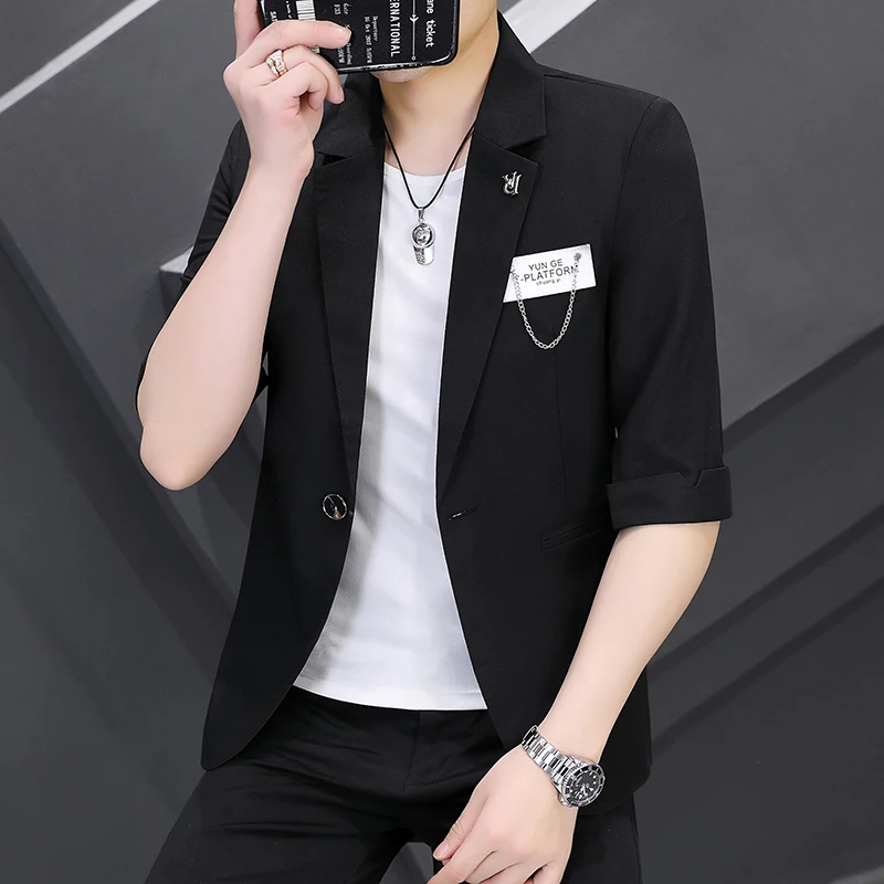 

Fashion Single Buckle Blazers Men 2022 Summer Half Sleeve Casual Slim Suit Jackets Social Party Coats Costume Homme Men Clothing