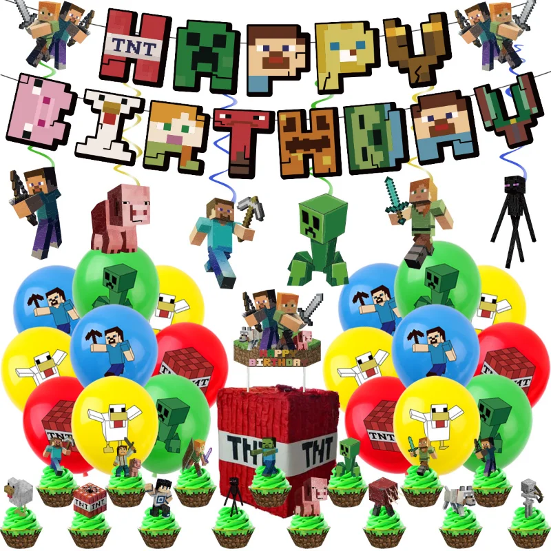 

Anime Game Theme Birthday Party Decoration Set Minecraft Pixel Battle Flag Balloon For Boys Girls Kids Children Gifts