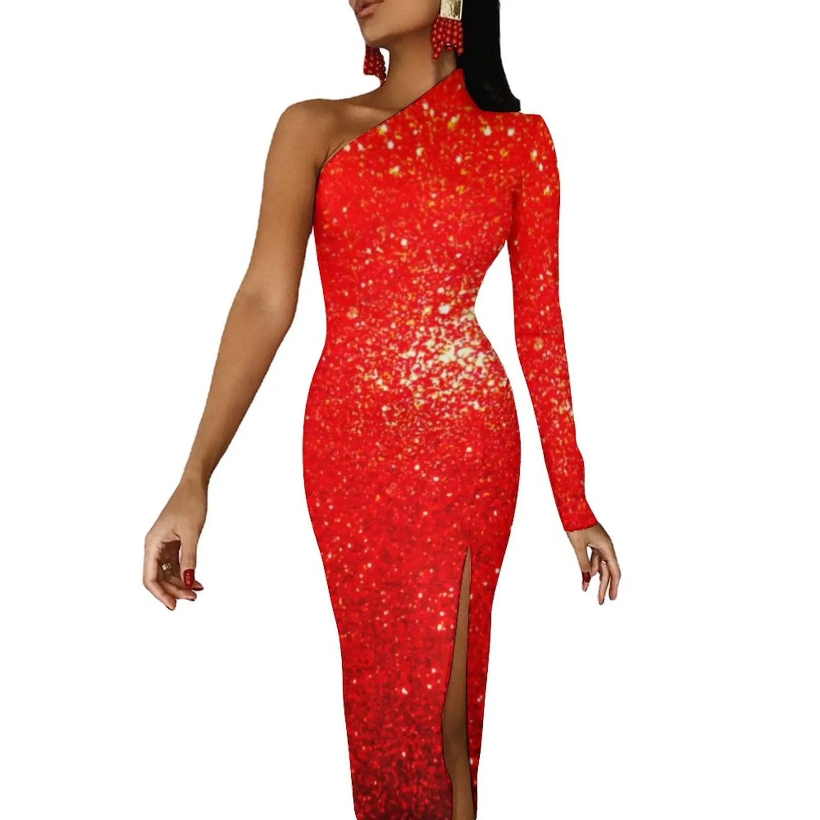 

Metallic Print Maxi Dress Long Sleeve Sparks Of Red Aesthetic Bodycon Dresses Autumn Kawaii Dress Female Design Clothes