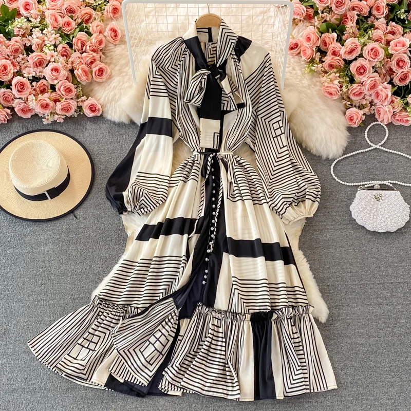 

Женское модельное платье с длинным рукавом, демисезонное шикарное праздничное платье-трапеция с принтом и высокой талией, модель TB419