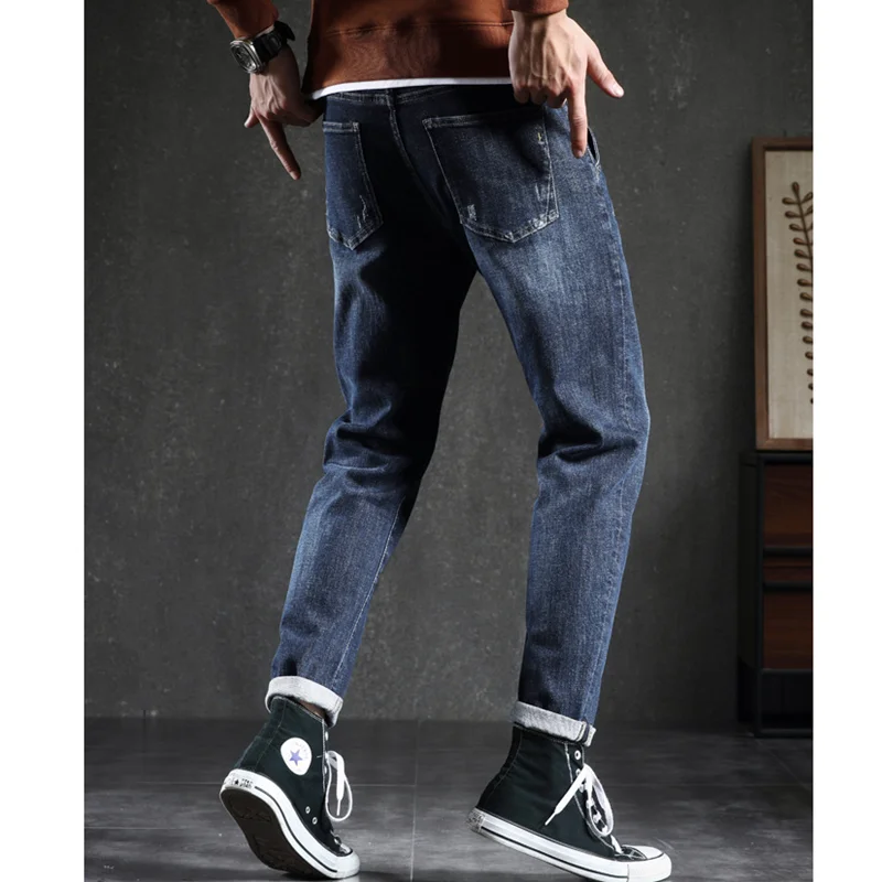 Streetwear Men 2022 Autumn New Pattern Korean Version Recreational  Elastic Force Jeans Plush Thickened Slim Navy Pants Female