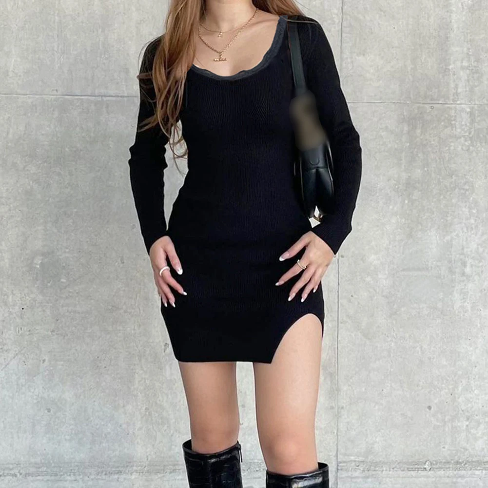 

Кружевное вязаное платье милое S Y2K, 95% полиэстер, 5% спандекс, черное элегантное милое короткое платье с разрезом и длинным рукавом L M