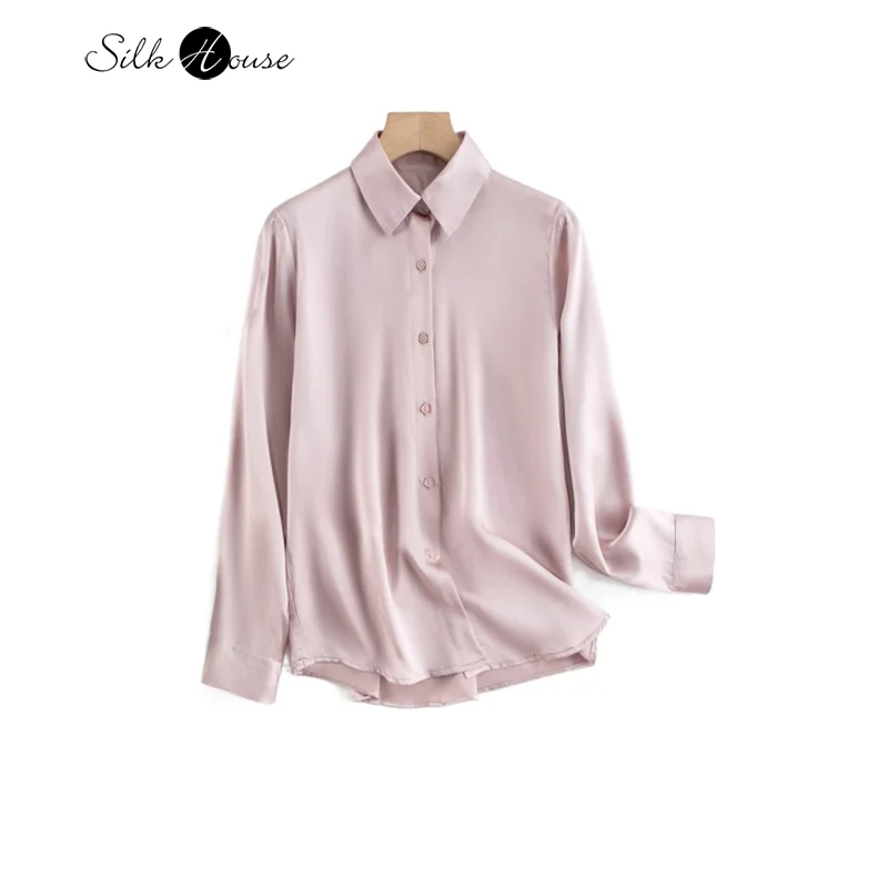 

20MM Heavy Plain Crepe Satin Lapel Shirt Women's OL Style Gray Pink Versatile Casual 100%Natural Mulberry Silk Long Sleeve Top