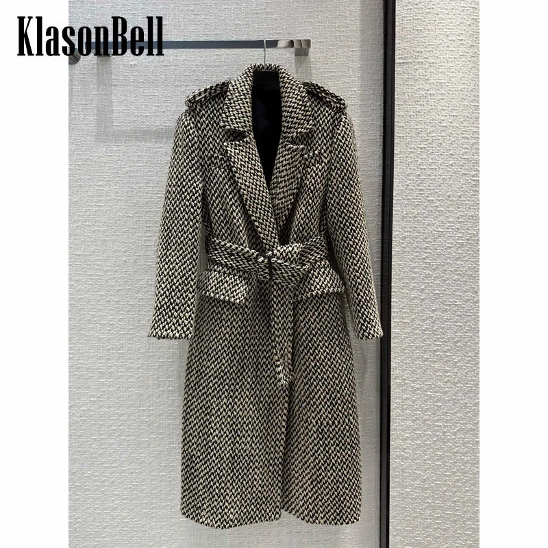 

12.16 KlasonBell Vintage Fashion With Belt Collect Waist Tweed Midi Wool Coat Women