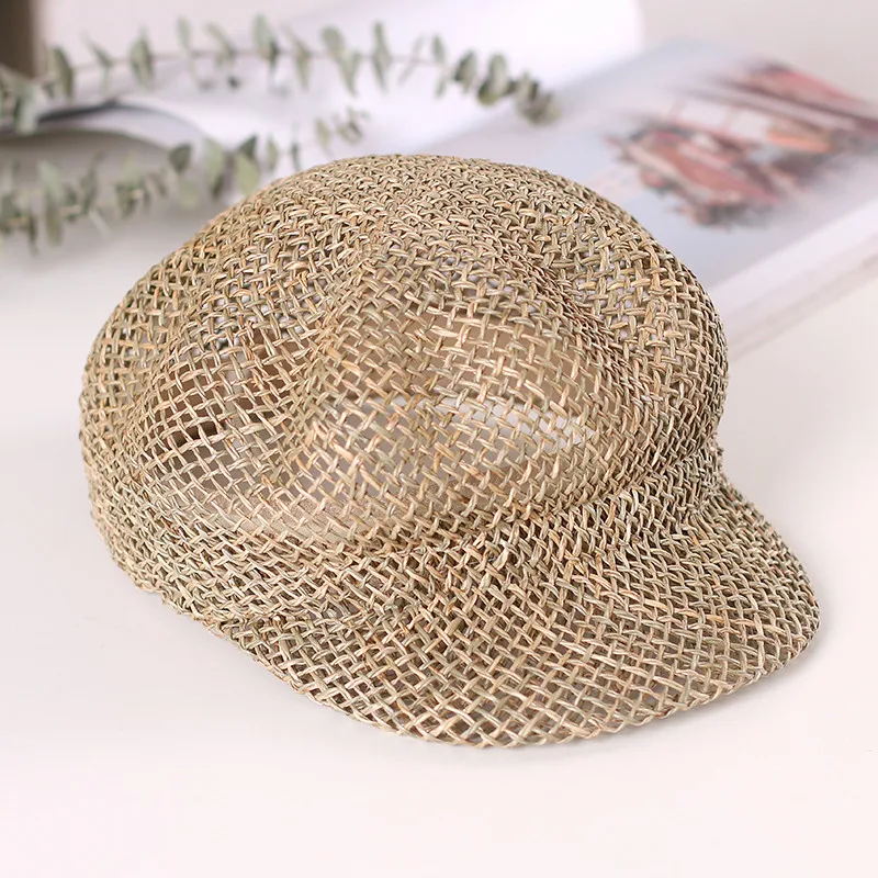 

Beach Painter Knitted Mesh hat Summer Straw Beret Breathable straw Rope Thin Women fashion Cap Hand-woven Newsboy Straw Women S