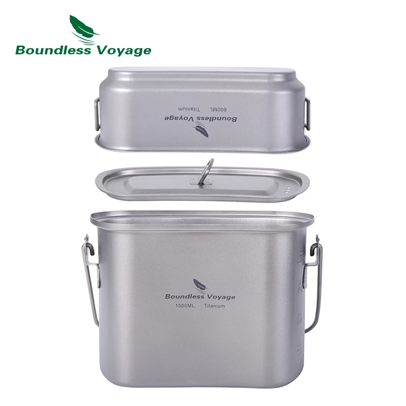 Boundless Voyage 2 in 1 Titanium Canteen Cup Mess Kit Kidney-Camping Hanging Pot Cooking Set with Lid & Handles