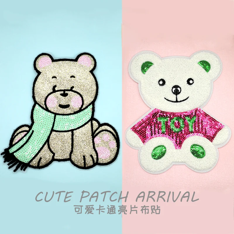 

Children Patch on Clothes Cute Bear Big Patches for Clothing Sew on Embroidery Applique Stripes Sticker Sequined TOY Sewing