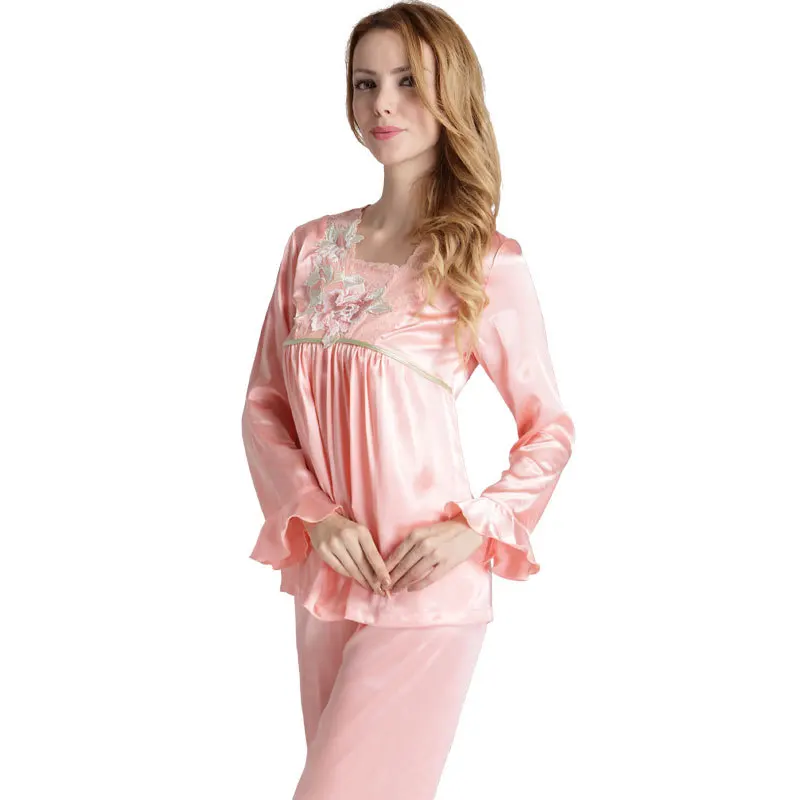 Lace Silk Pajamas Women Sleepwear Satin Pyjama Set Spring Autumn Pullover Lounge Set Long Sleeves Home Clothes with Embroidery