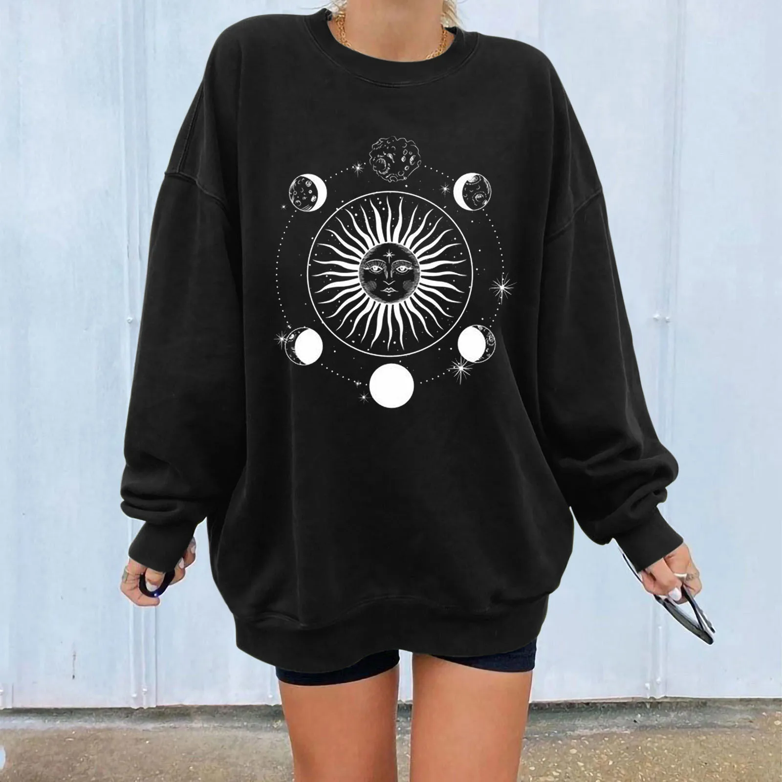 

Women's Sun Moon Printed Top Shirt Long-sleeved Warm Sweatshirt Casual O Neck Loose Shirt Long Hoodie Size Large Womens Hoodie