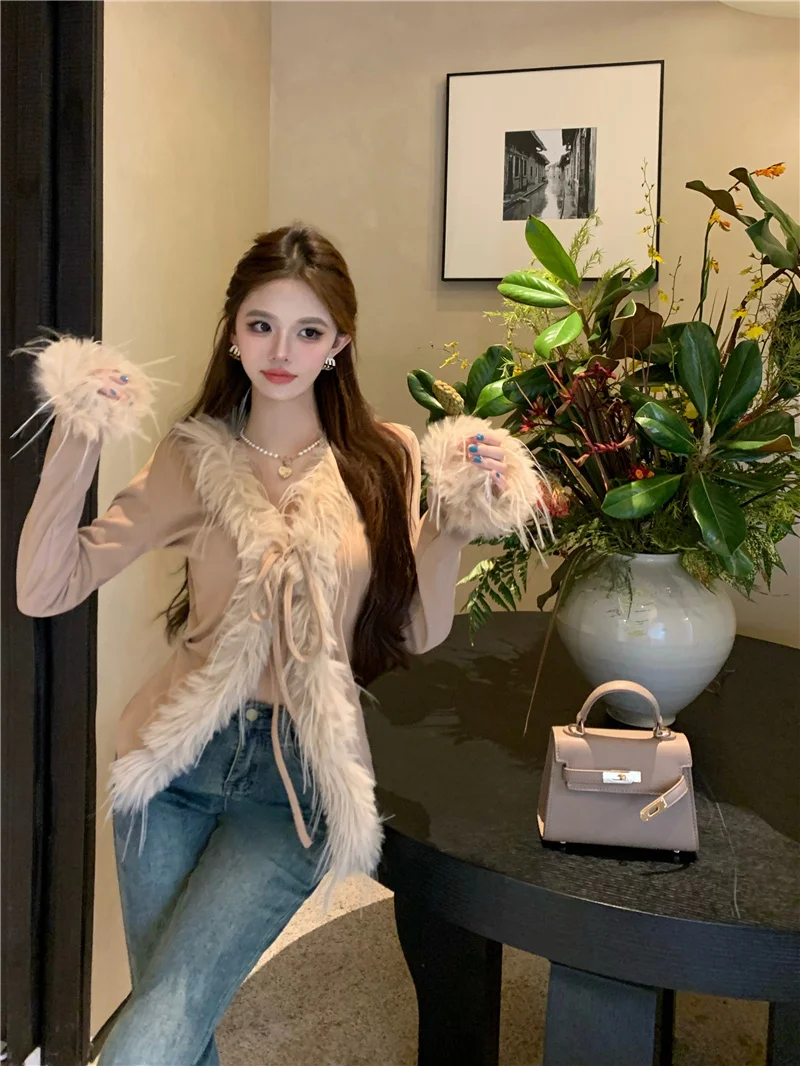 Осенне-зимний вязаный кардиган корейской серии Retro Burr Western Sle с v-образным вырезом